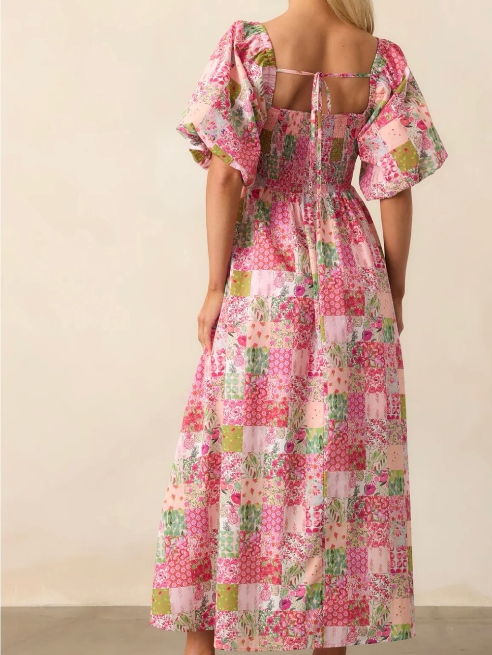 Puff-Sleeve Patchwork Maxi Dress in Pink - Picture 5 of 6